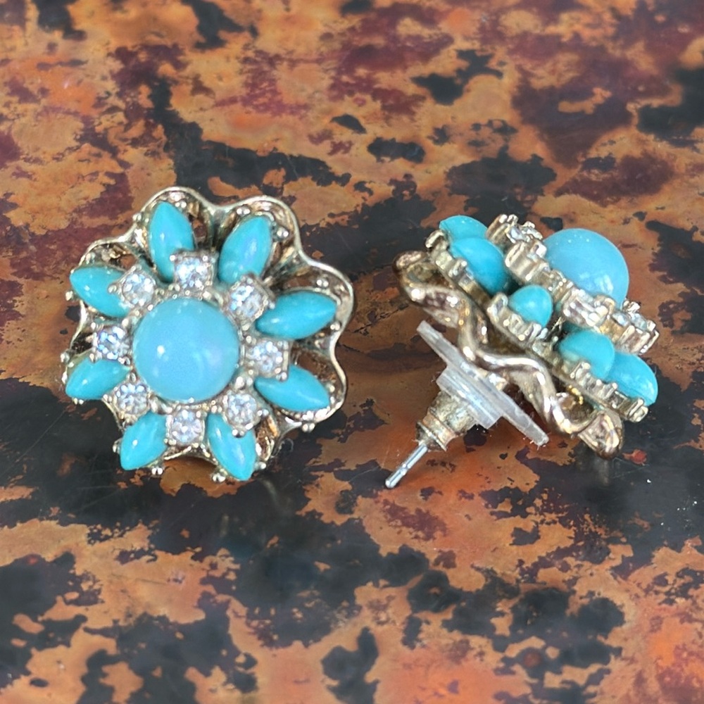 JCrew Vintage Flower Turquoise Enamel Stone Bead CZ Gem Stud GoldPlated Earring - Picture 3 of 6